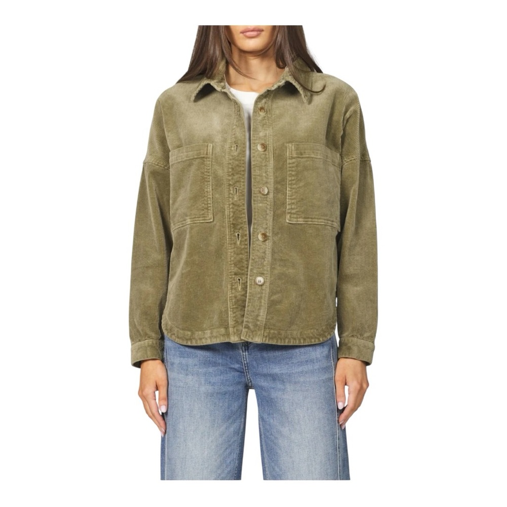 1927. DEAR JOHN OLIVE GREEN IN COLOR BUTTON UP JACKET SIZE SMALL POCKETS COLLAR